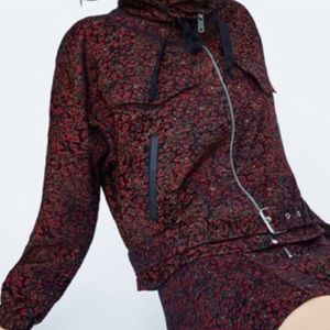 ZARA Red Black Cropped Jacquard Animal Moto Jacket Medium